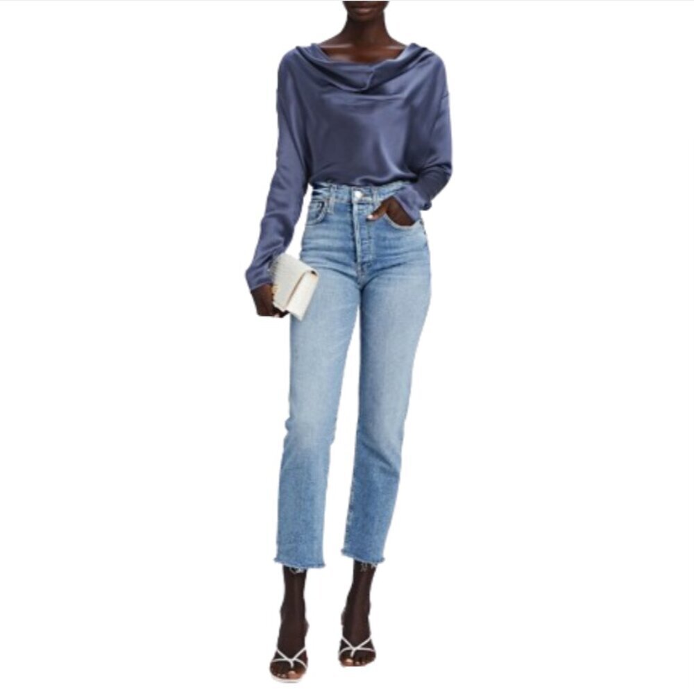 Intermix Quinn Top Blouse Shirt Womens 2 Blue Satin Scoop Neck Silk 3/4 Sleeve